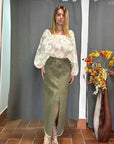 Gonna Midi Denim Verde Militare – Vita Alta con Spacco