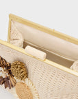 Pochette Marbella in paglia + fiori beige