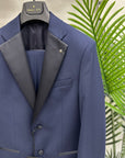 ABITO MANUEL RITZ SMOKING FRESCO LANA REVER IN RASO BLU - Marcello Fontana Shop