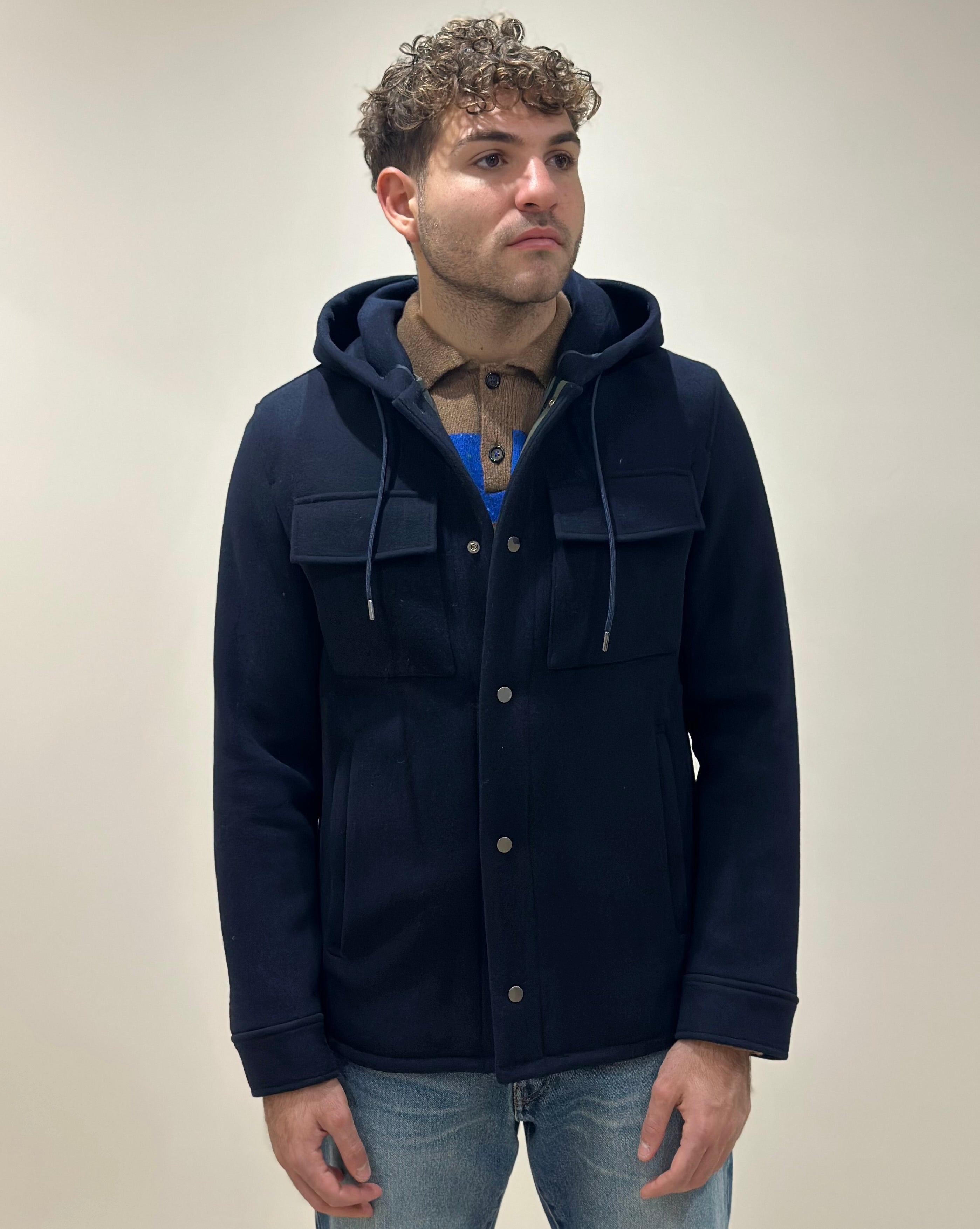 FW25 MANUEL RITZ GIUBBINO CON CAPPUCCIO PANNO IN MISTO LANA BLU - Marcello Fontana Shop