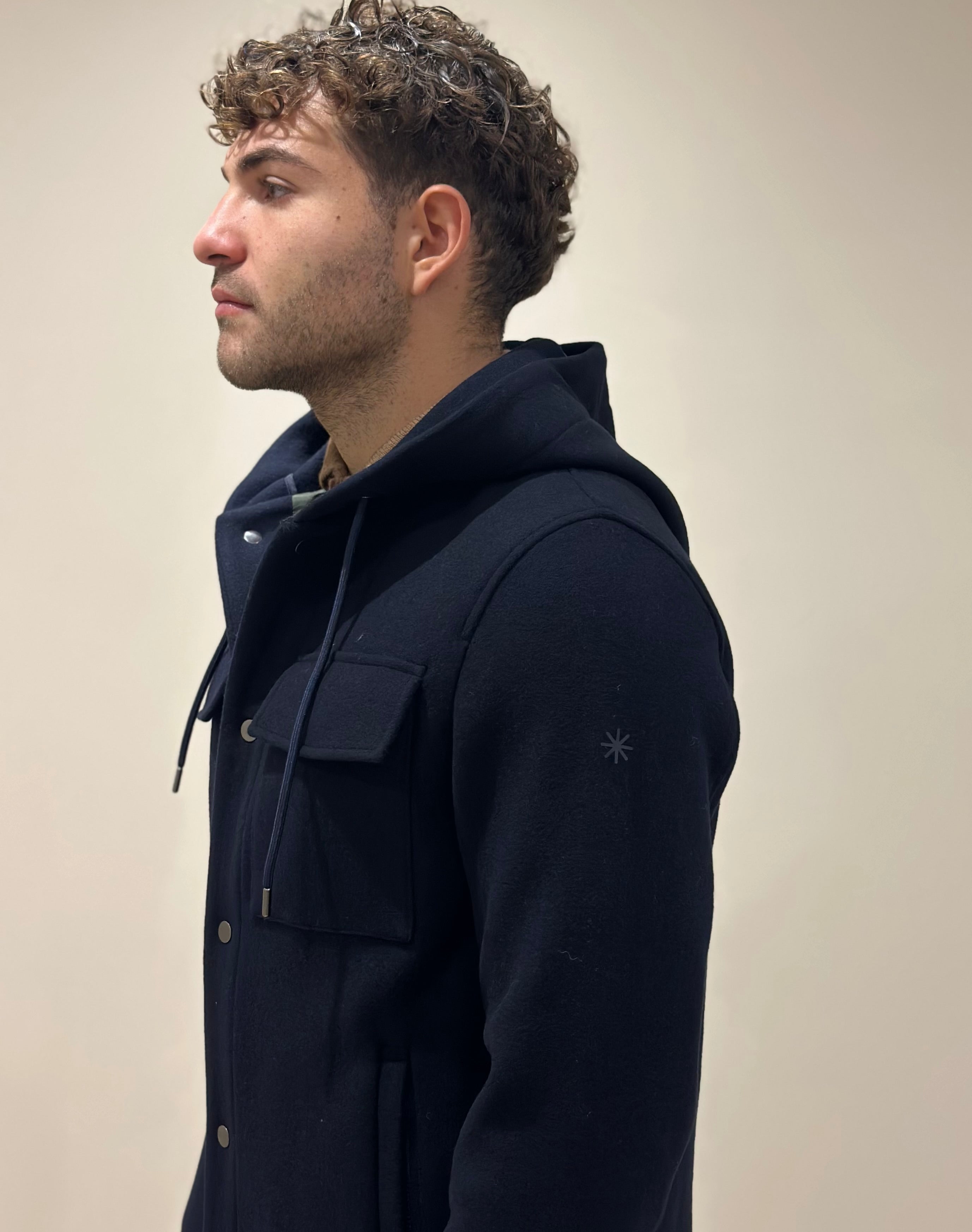 FW25 MANUEL RITZ GIUBBINO CON CAPPUCCIO PANNO IN MISTO LANA BLU - Marcello Fontana Shop