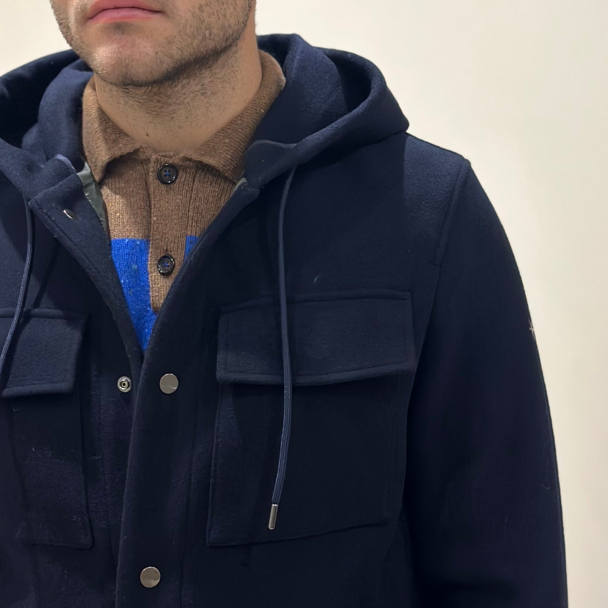 FW25 MANUEL RITZ GIUBBINO CON CAPPUCCIO PANNO IN MISTO LANA BLU - Marcello Fontana Shop