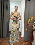 Abito Lungo con fiori Celeste