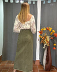 Gonna Midi Denim Verde Militare – Vita Alta con Spacco