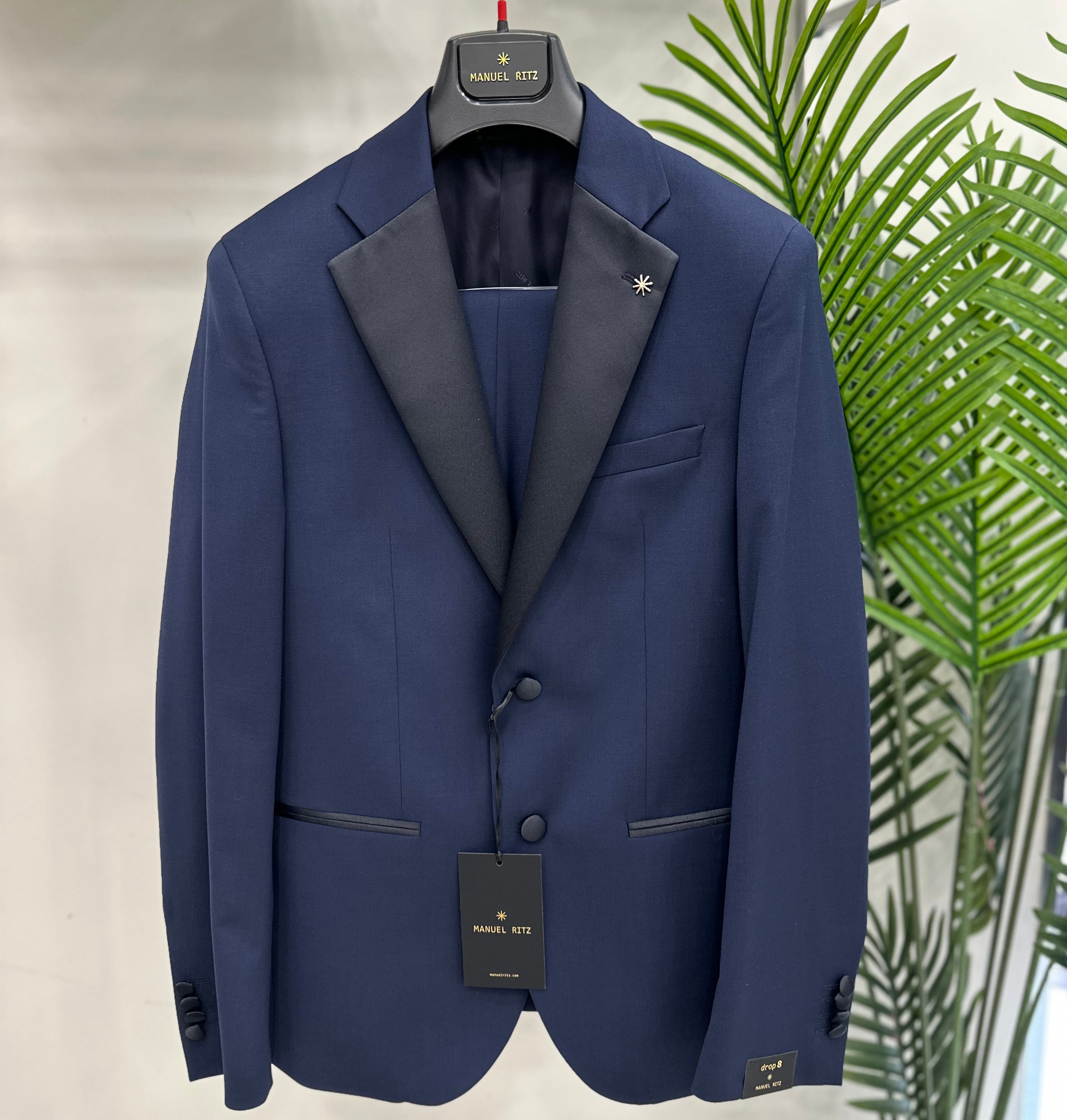 ABITO MANUEL RITZ SMOKING FRESCO LANA REVER IN RASO BLU - Marcello Fontana Shop