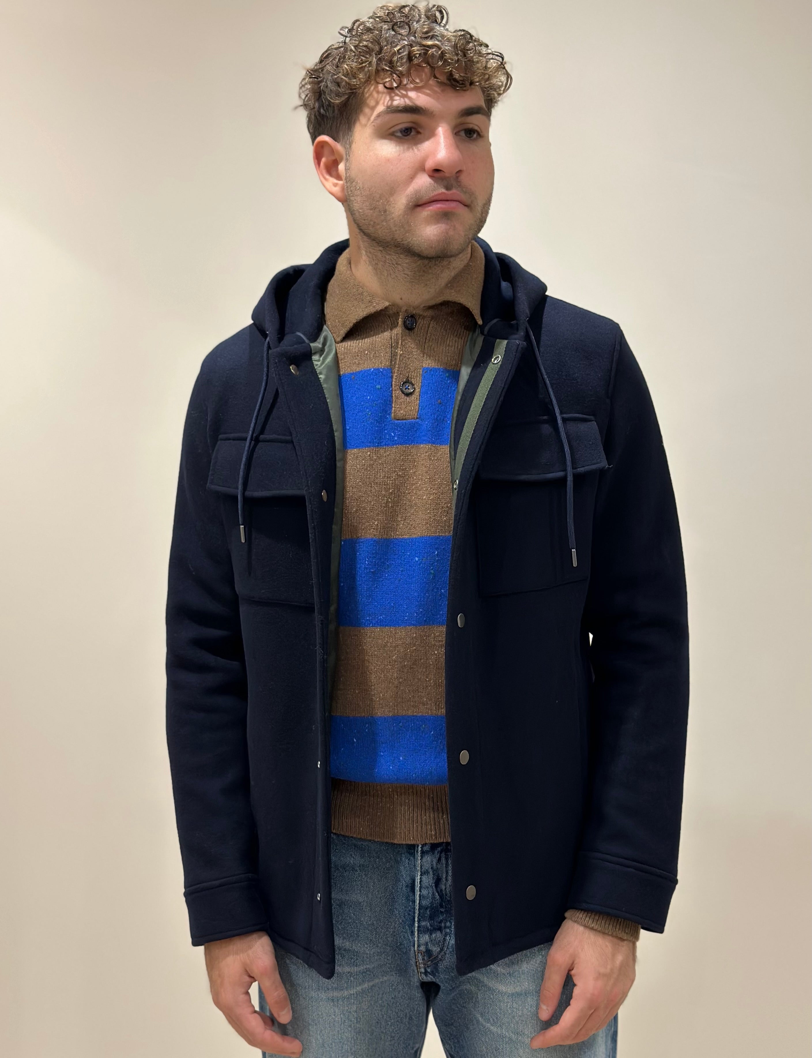 FW25 MANUEL RITZ GIUBBINO CON CAPPUCCIO PANNO IN MISTO LANA BLU - Marcello Fontana Shop
