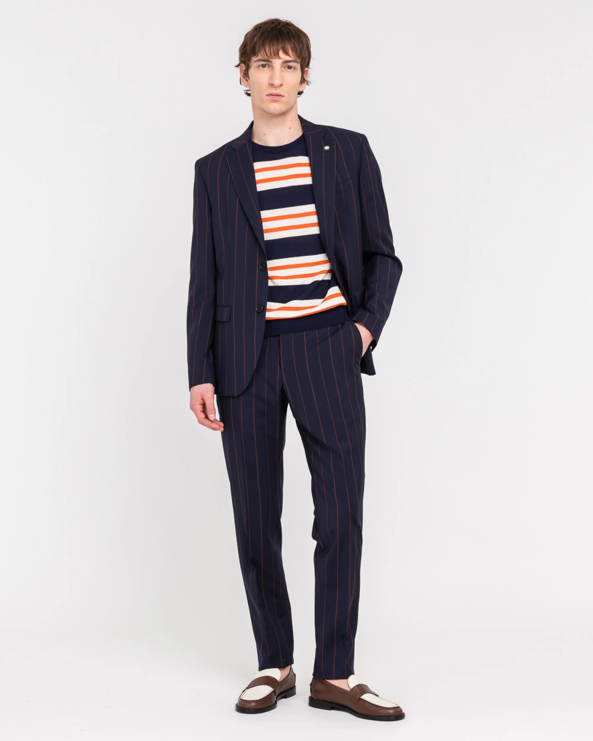 Manuel Ritz abito slim gessato in lana Marzotto natural stretch blu - Marcello Fontana Shop