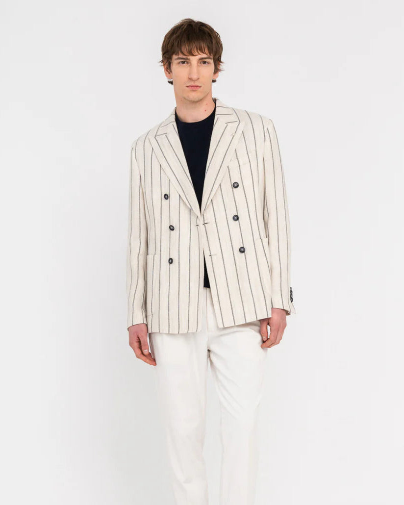 Manuel Ritz giacca doppiopetto regimental in misto lino beige - Marcello Fontana Shop