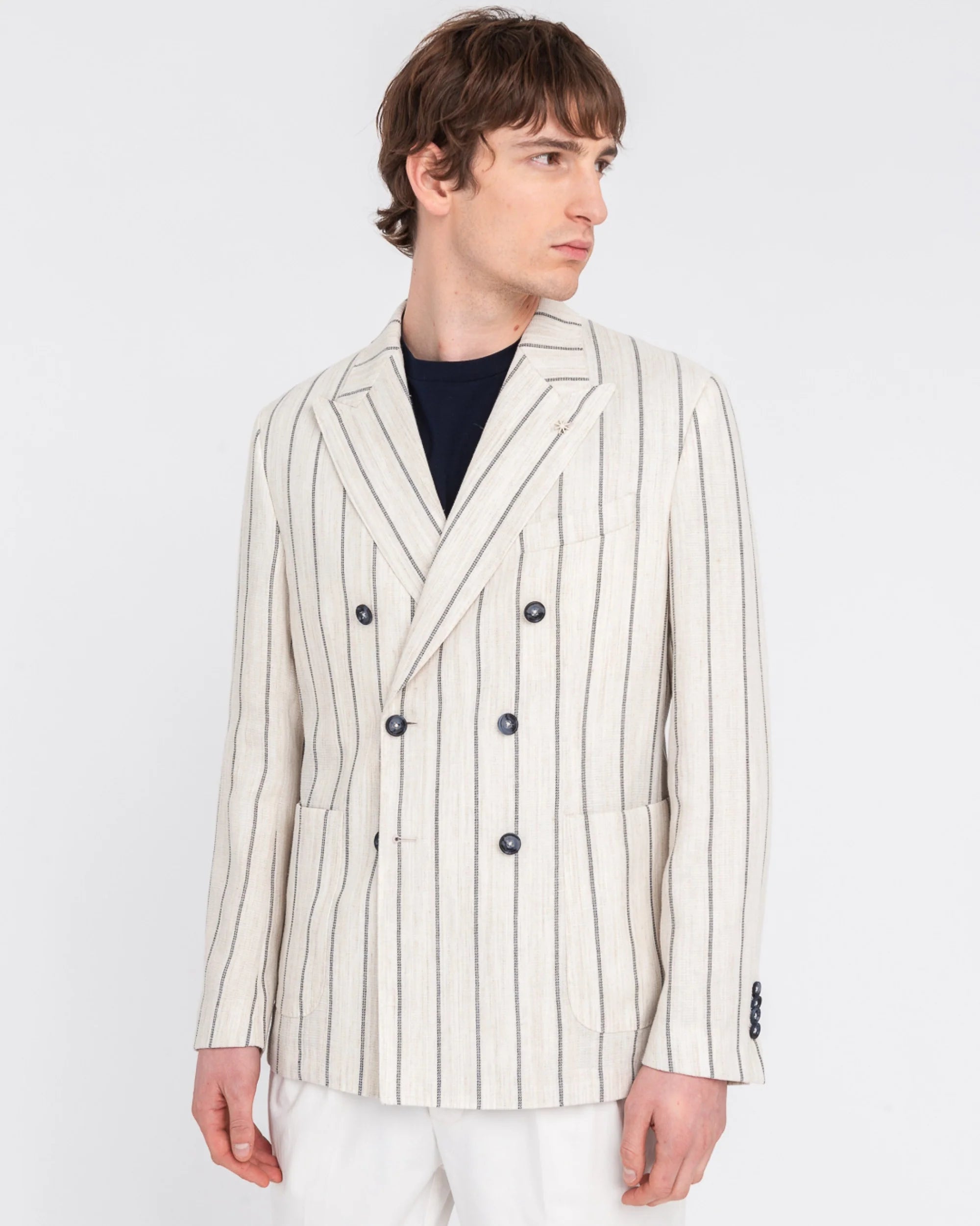 Manuel Ritz giacca doppiopetto regimental in misto lino beige - Marcello Fontana Shop