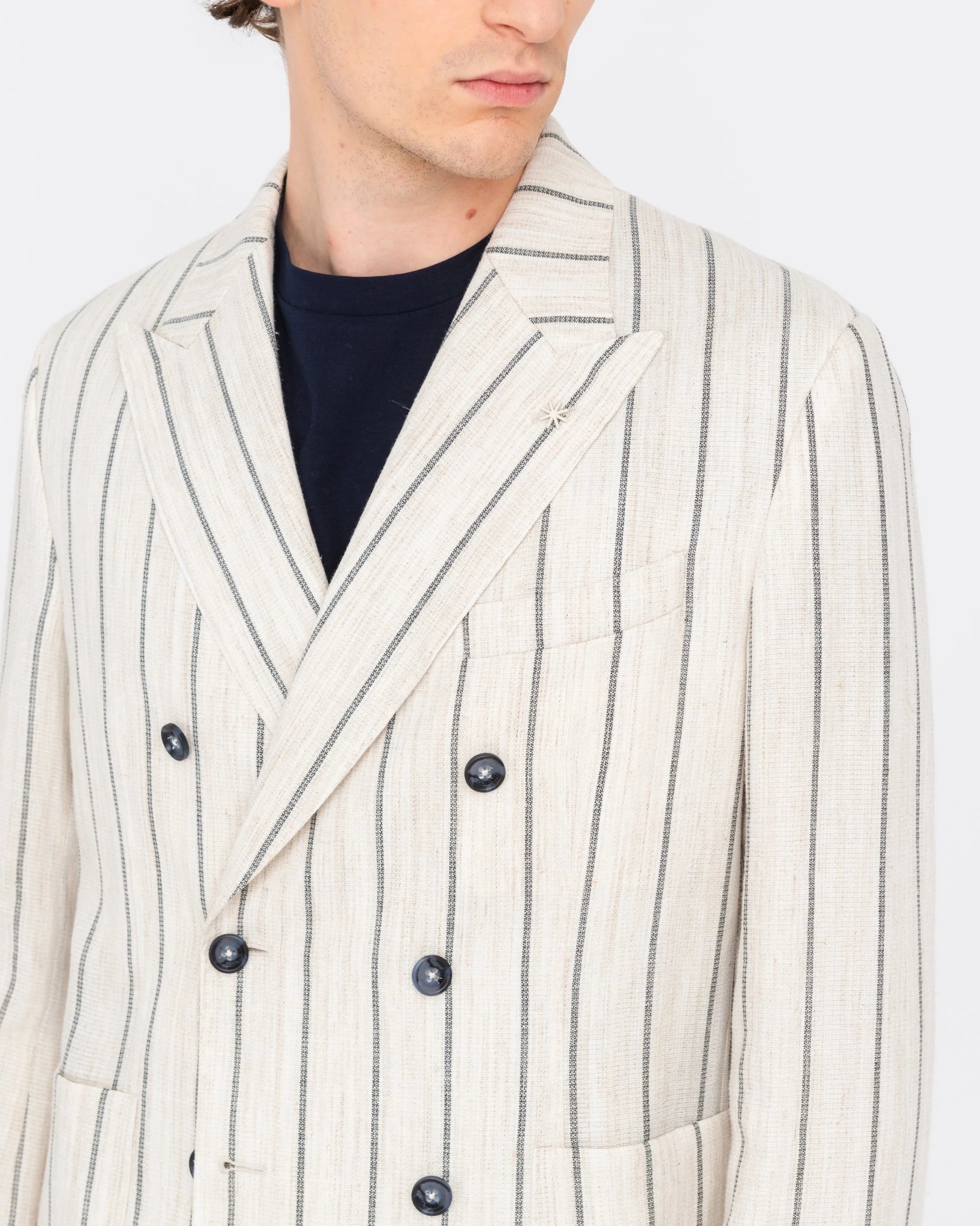 Manuel Ritz giacca doppiopetto regimental in misto lino beige - Marcello Fontana Shop