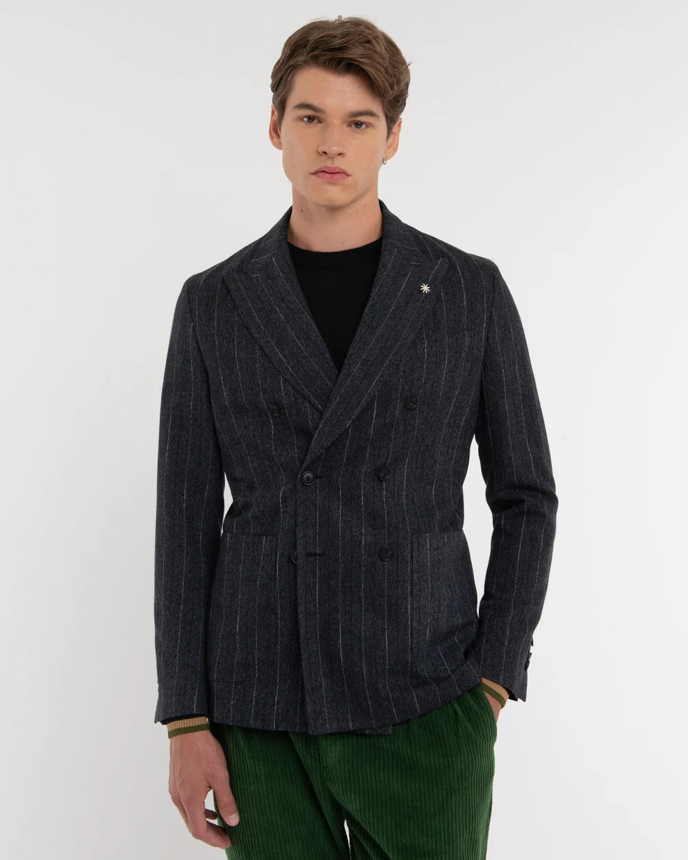 FW25 MANUEL RITZ GIACCA NUVOLA DOPPIOPETTO GESSATO MISTO LANA BLU - Marcello Fontana Shop