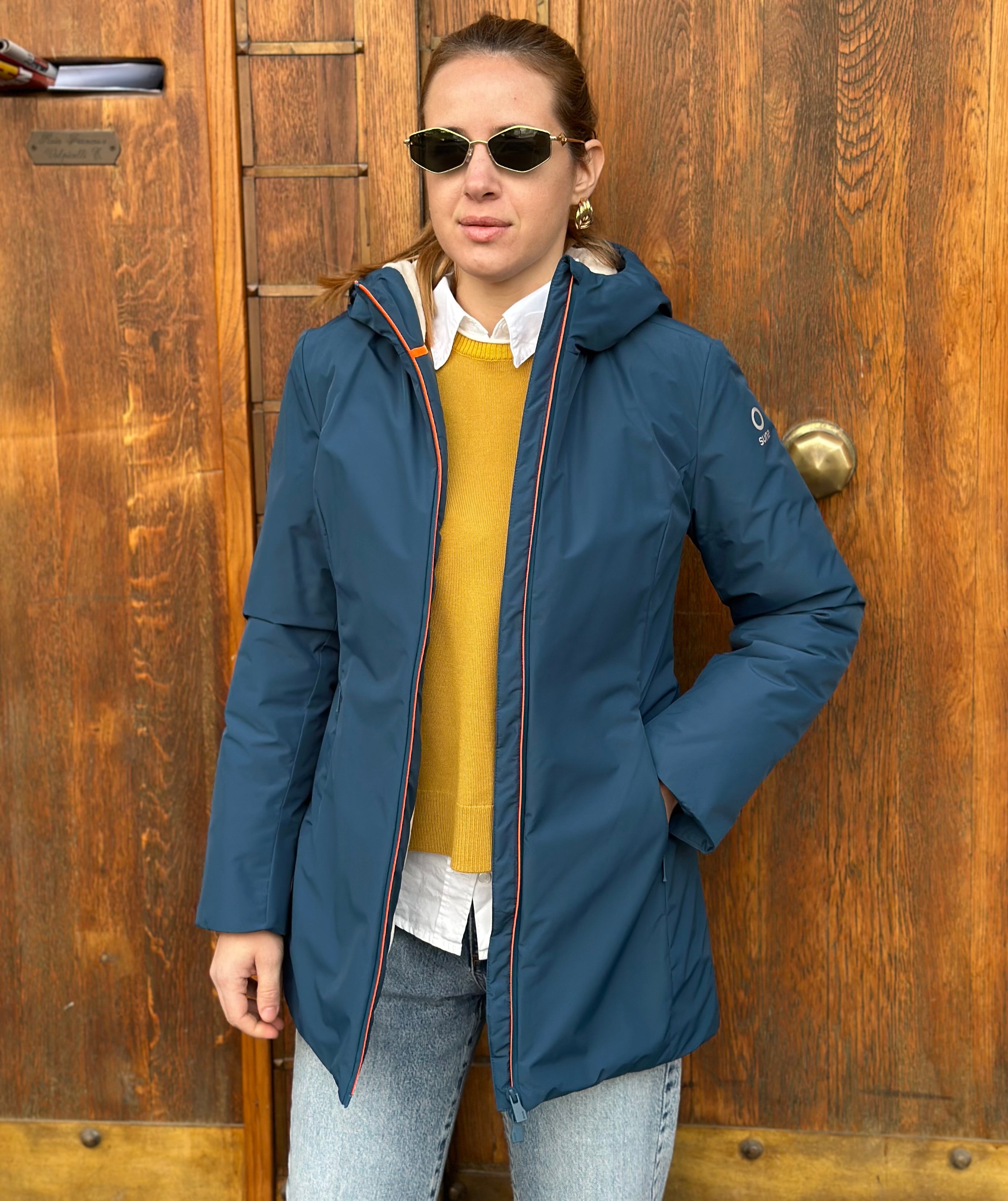 PARKA AURELIA LONG VELOUR PETROL - SUNS - Marcello Fontana Shop