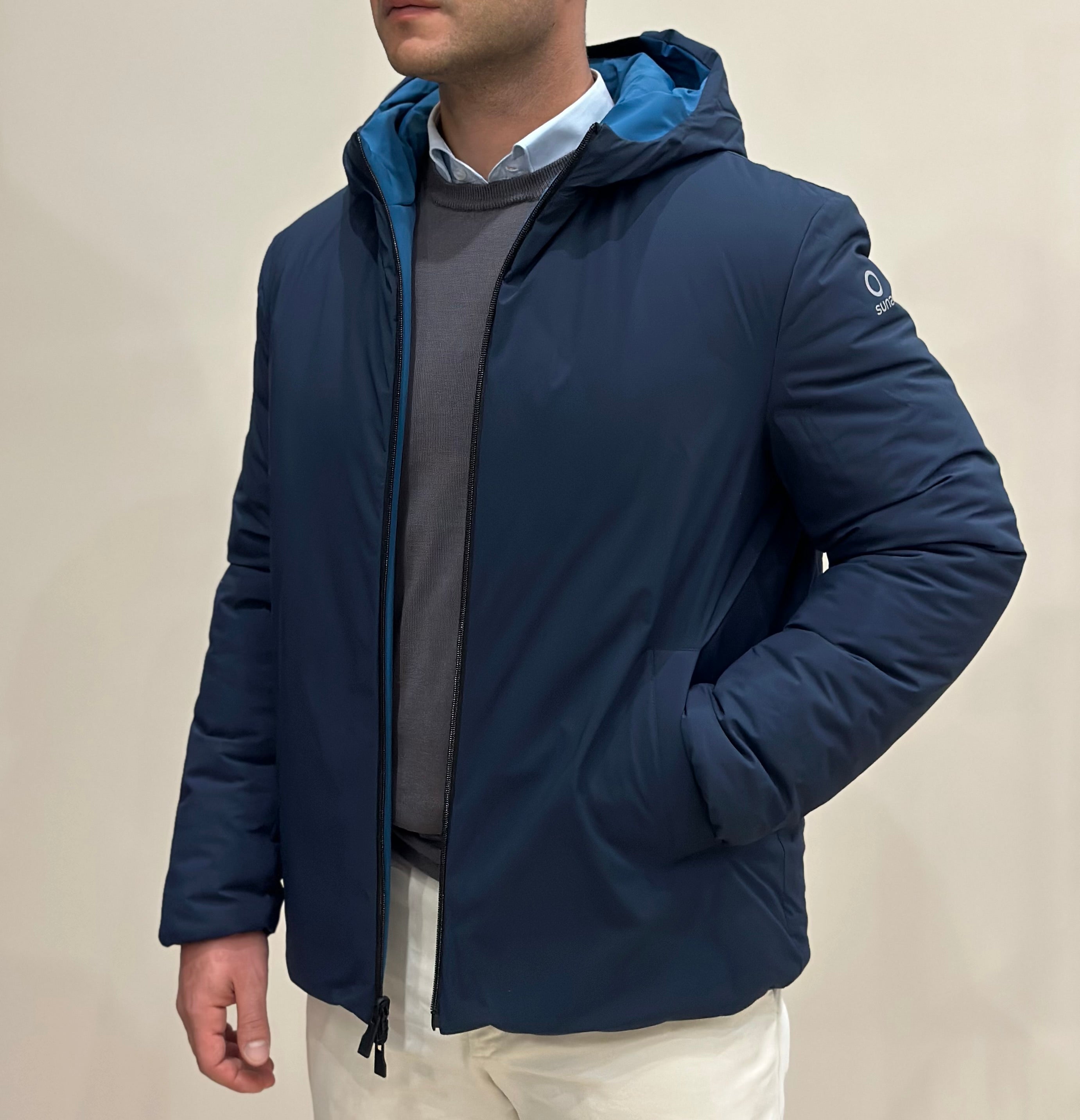 SUNS Giubbotto uomo Delhi midi reversibile con cappuccio - PETROL/DARK BLUE_S