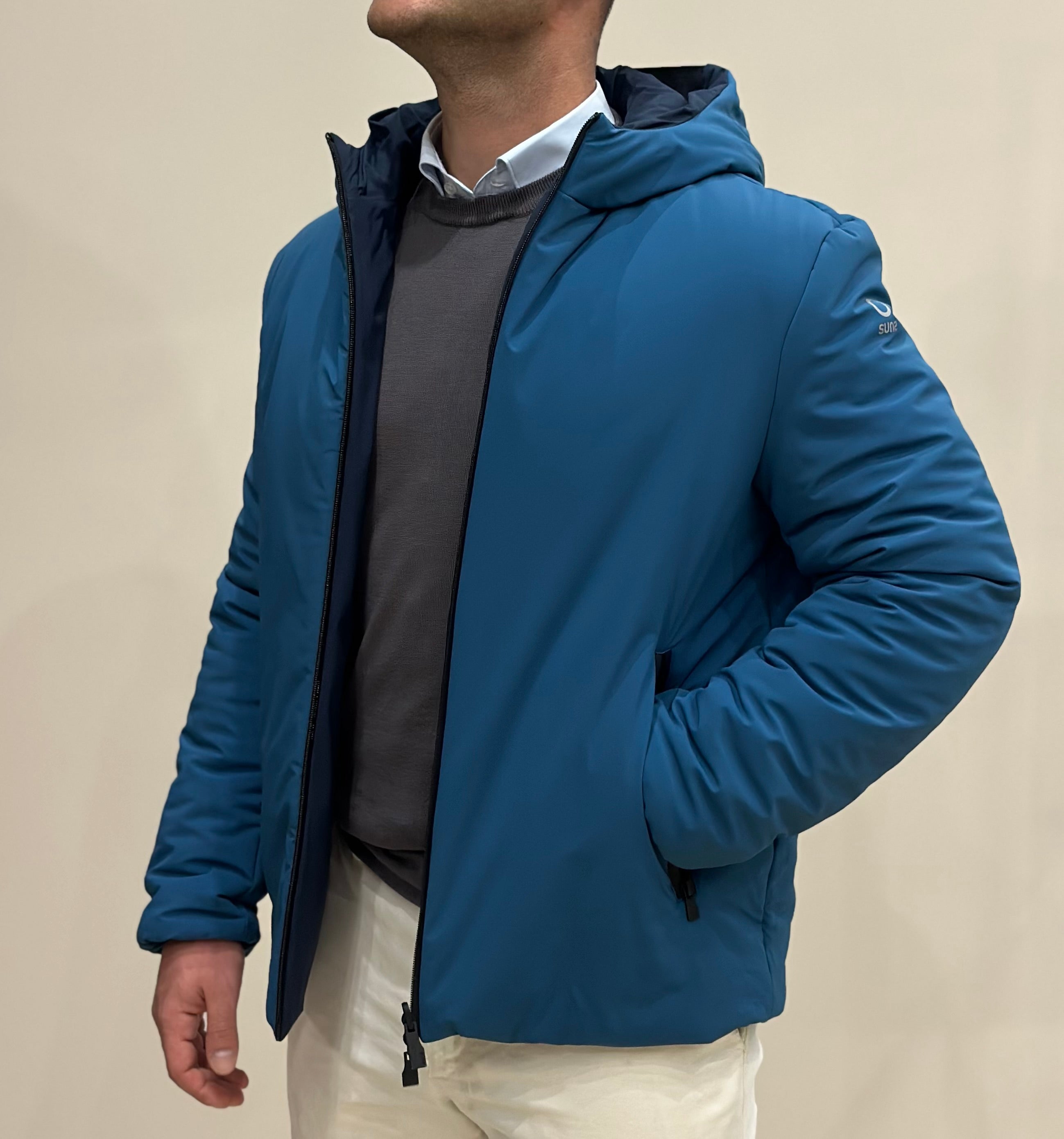 SUNS Giubbotto uomo Delhi midi reversibile con cappuccio - PETROL/DARK BLUE_S