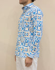Camicia in cotone stampa maioliche mediterranee - Azzurro