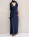 Abito Lungo con Foulard Blu Navy