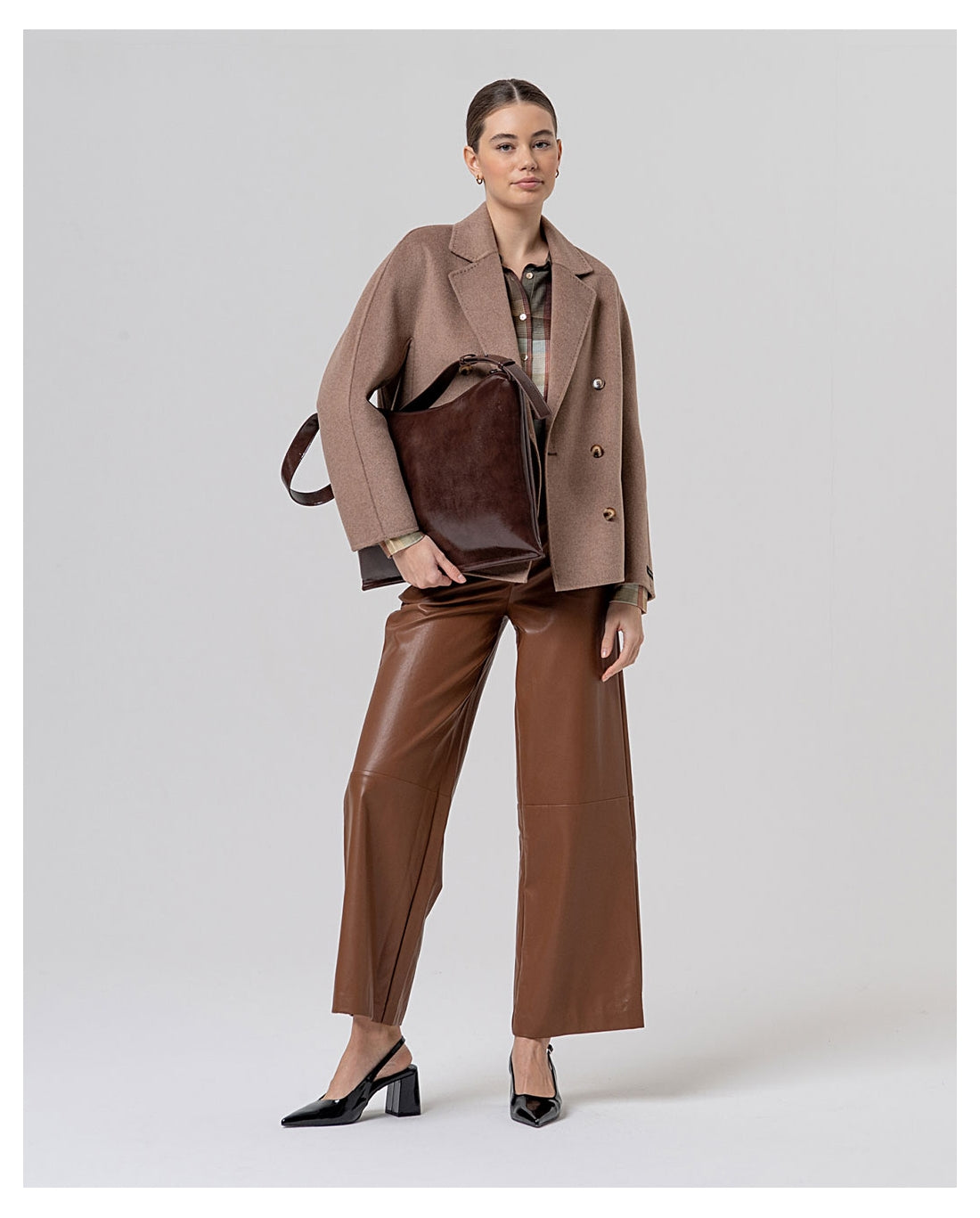 Camicia a quadri con arricci sulle spalle Light camel - cod. 556CAXE121_06 - SURKANA