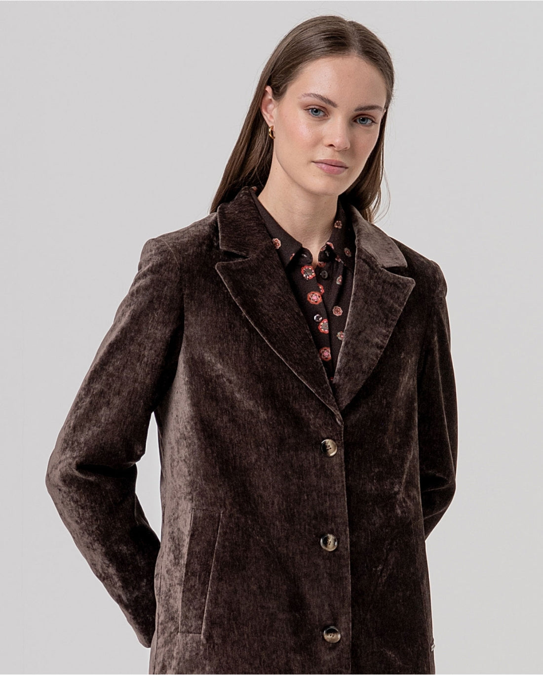Cappotto lungo in velluto con revers Cioccolato - cod. 566BARO422_84 - SURKANA