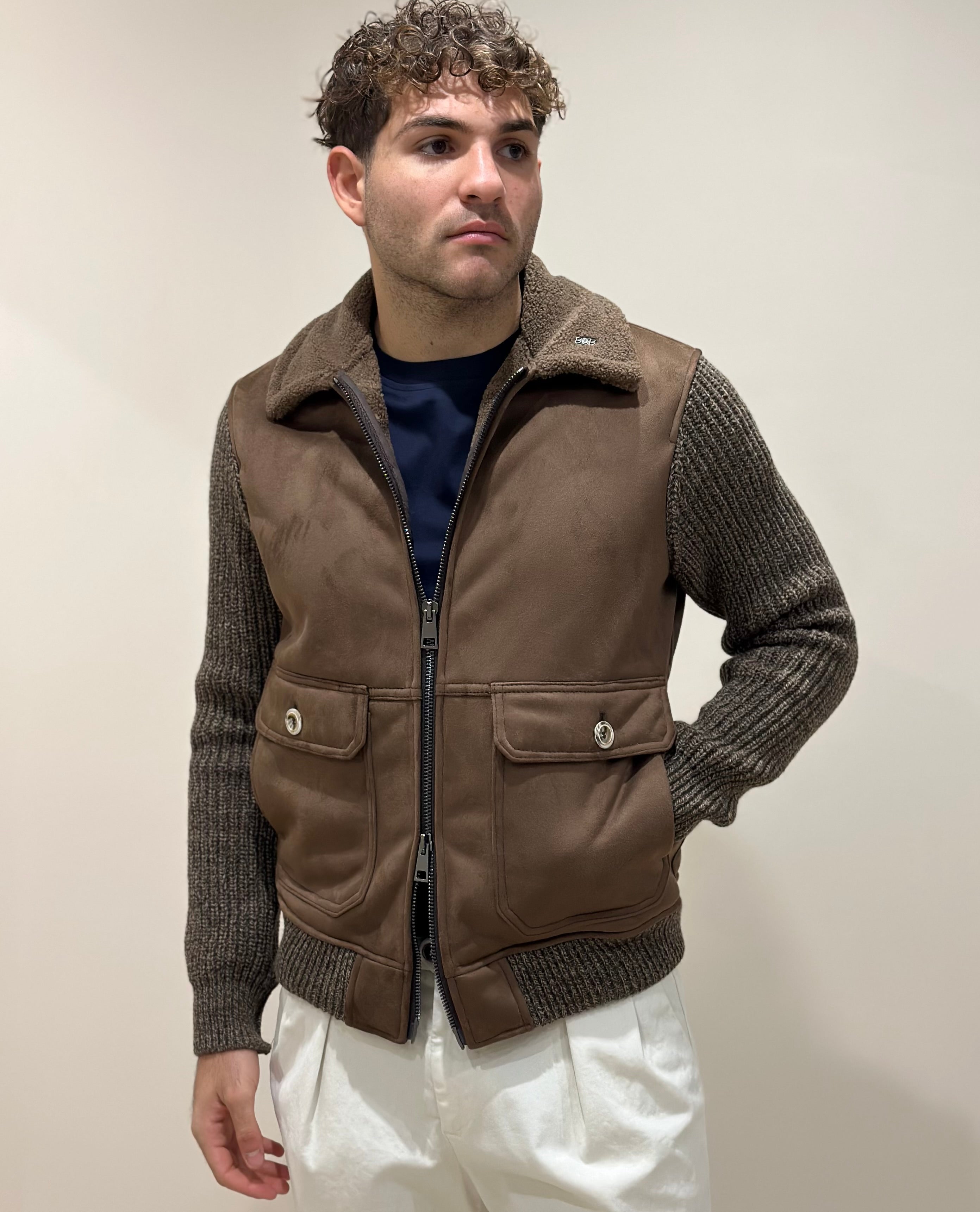 FW25 BOB COMPANY GIUBBOTTO IN PELLE SCAMOSCIATA CON DETTAGLI IN MAGLIA - MORO