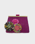 Pochette Marbella in paglia + fiori fuxia