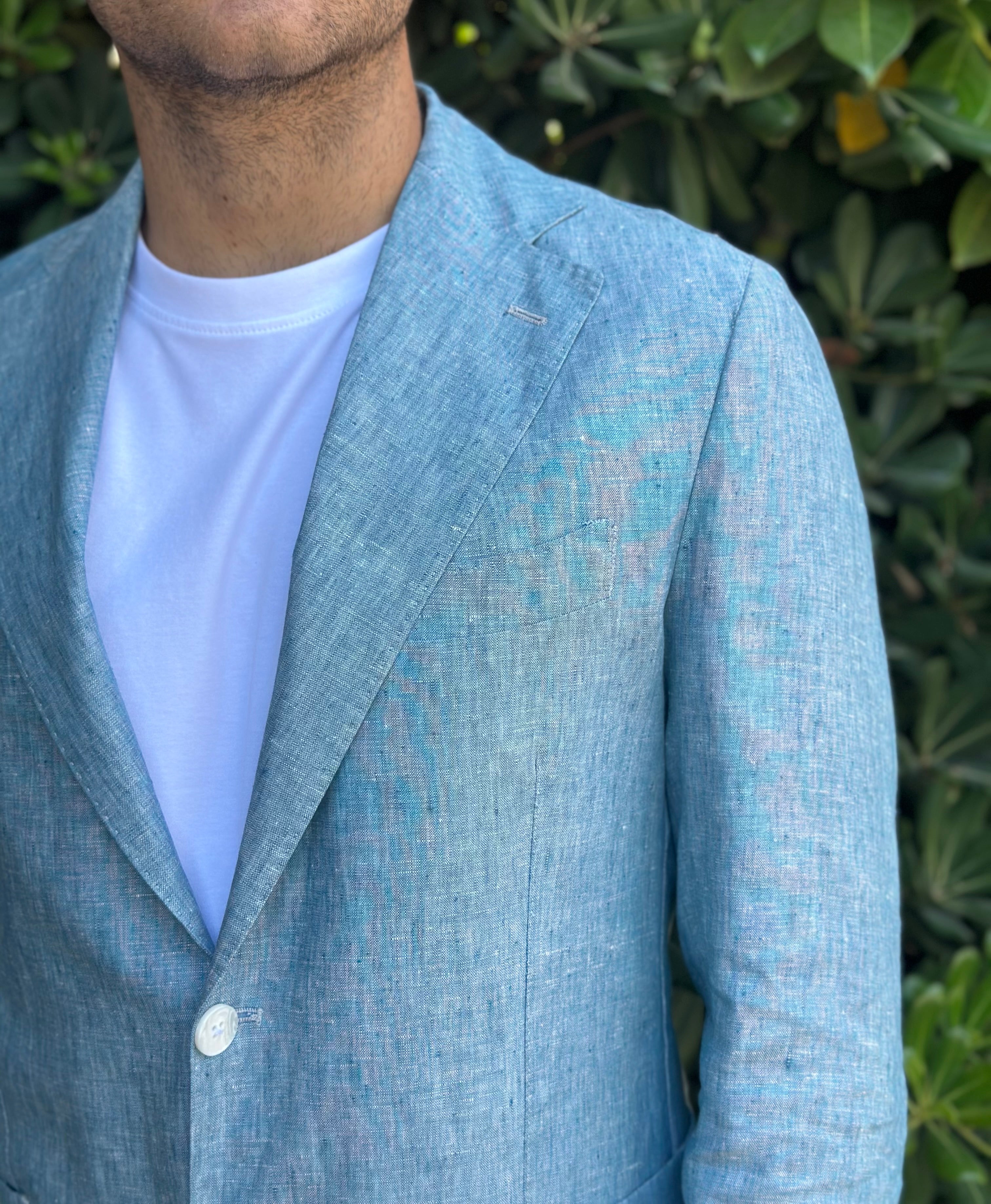 GIACCA MONOPETTO IN 100% LINO CELESTE - Marcello Fontana Shop