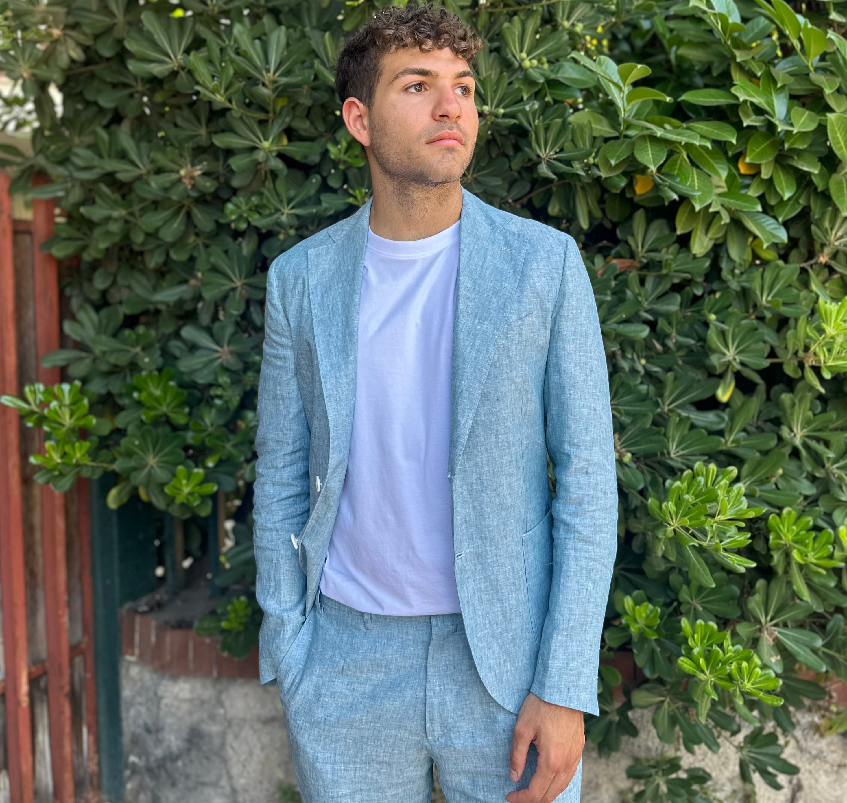 GIACCA MONOPETTO IN 100% LINO CELESTE - Marcello Fontana Shop