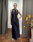 Abito Lungo con Foulard Blu Navy
