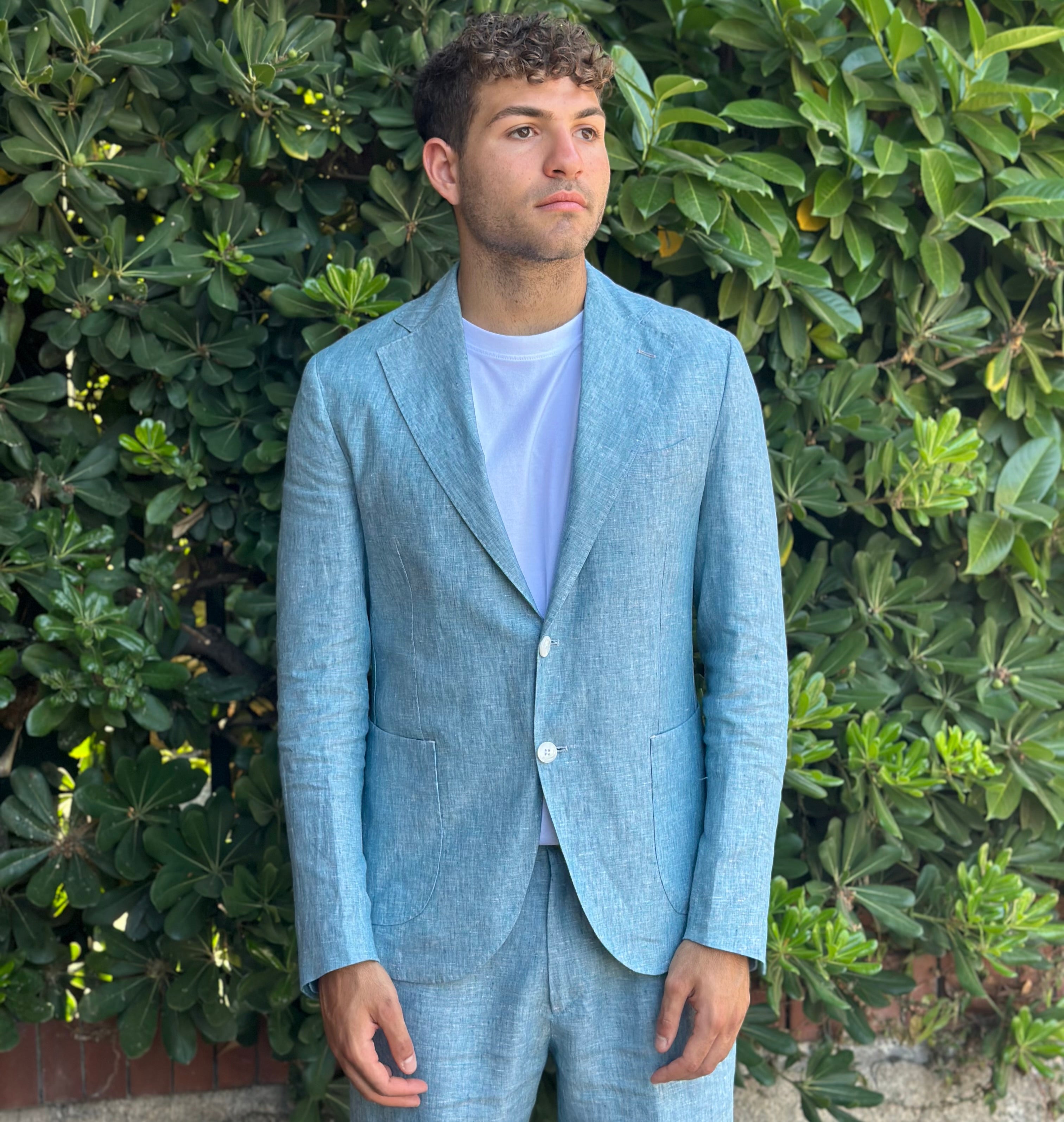 GIACCA MONOPETTO IN 100% LINO CELESTE - Marcello Fontana Shop