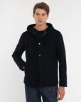 FW25 MANUEL RITZ GIUBBINO CON CAPPUCCIO PANNO IN MISTO LANA BLU