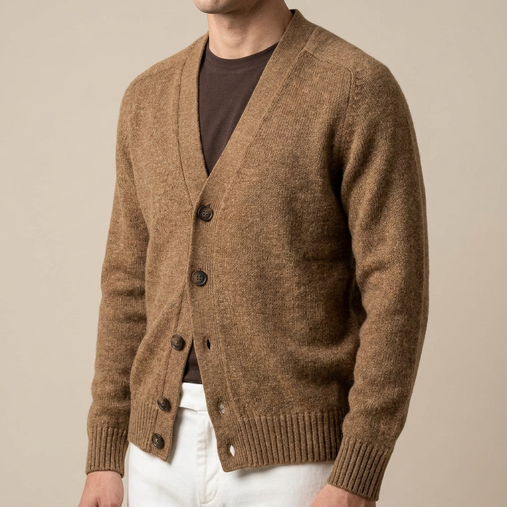 La Fileria – Cardigan in Pura Lana Shetland con Manica Raglan Cammello Mélange