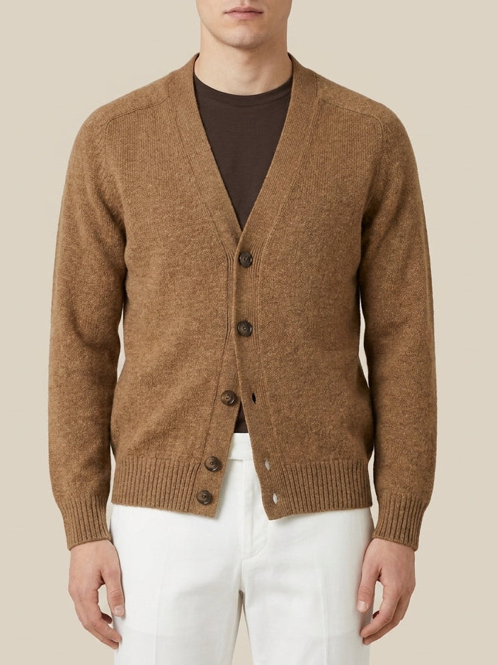 La Fileria – Cardigan in Pura Lana Shetland con Manica Raglan Cammello Mélange