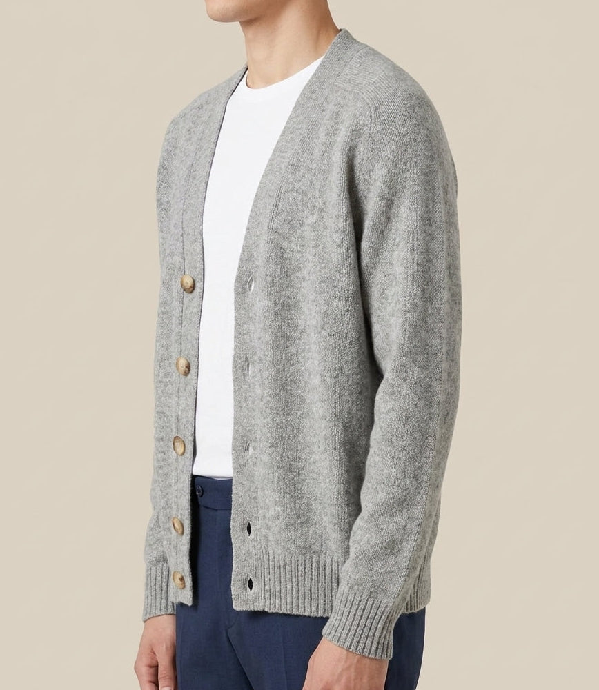 La Fileria - Cardigan in Pura Lana Shetland con Manica Raglan Grigio Mélange