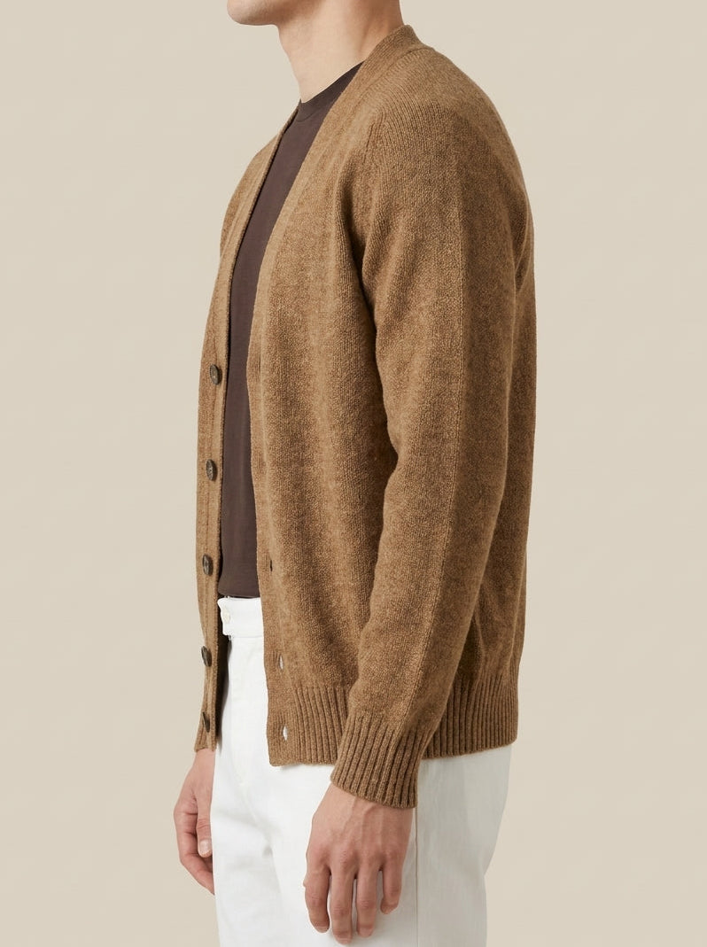 La Fileria – Cardigan in Pura Lana Shetland con Manica Raglan Cammello Mélange