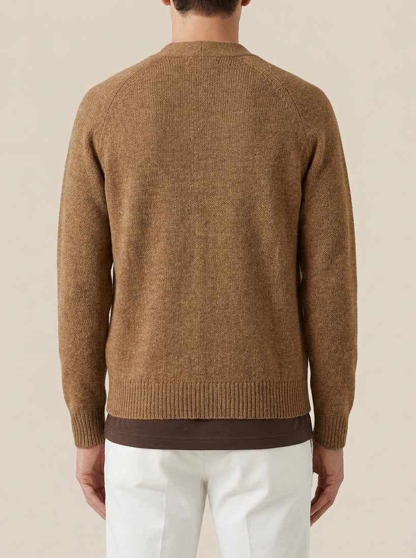 La Fileria – Cardigan in Pura Lana Shetland con Manica Raglan Cammello Mélange