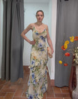 Abito Lungo con fiori Celeste