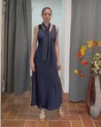 Abito Lungo con Foulard Blu Navy